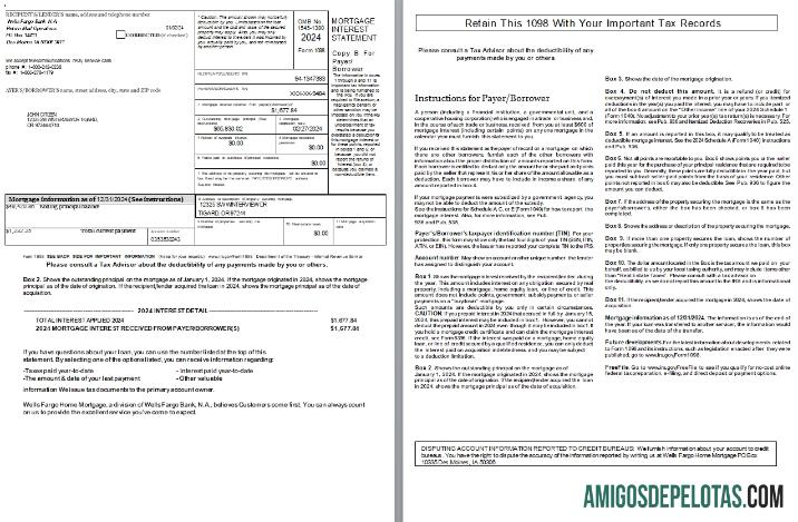 Declaração de juros hipotecários do Iowa Wells Fargo Bank dos EUA, 2 páginas Scr modelo